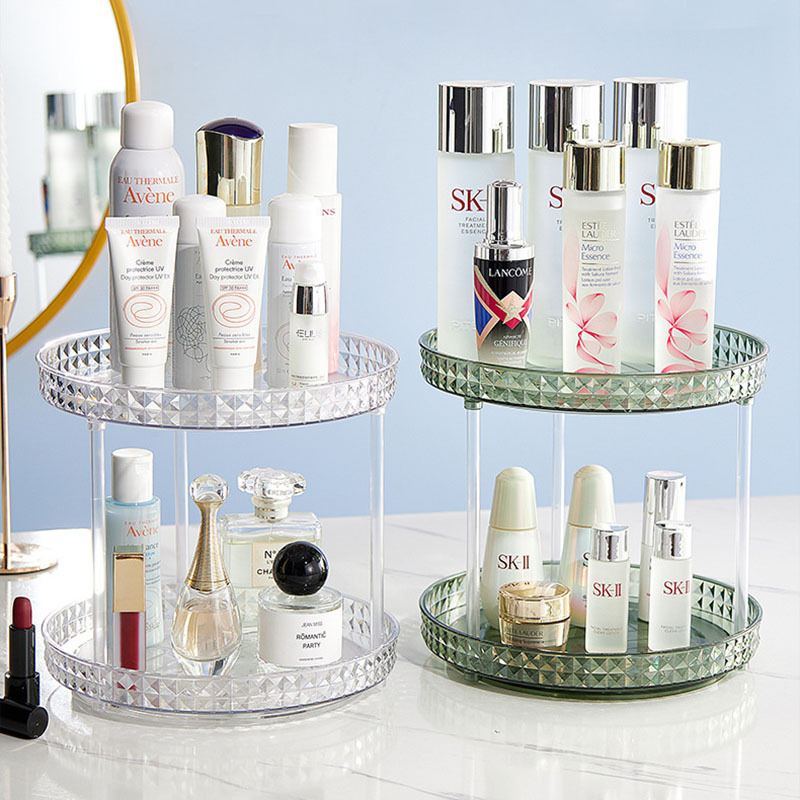Light luxury dressing table, cosmetics rotating storage rack box, bathroom desktop, perfume and skin care products storage rack tray Application Scenario