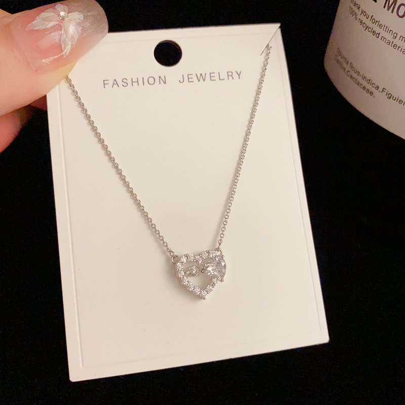 韩式高级感微镶满钻超闪粉色镂空爱心项链女甜美气质锁骨链项饰品产品图