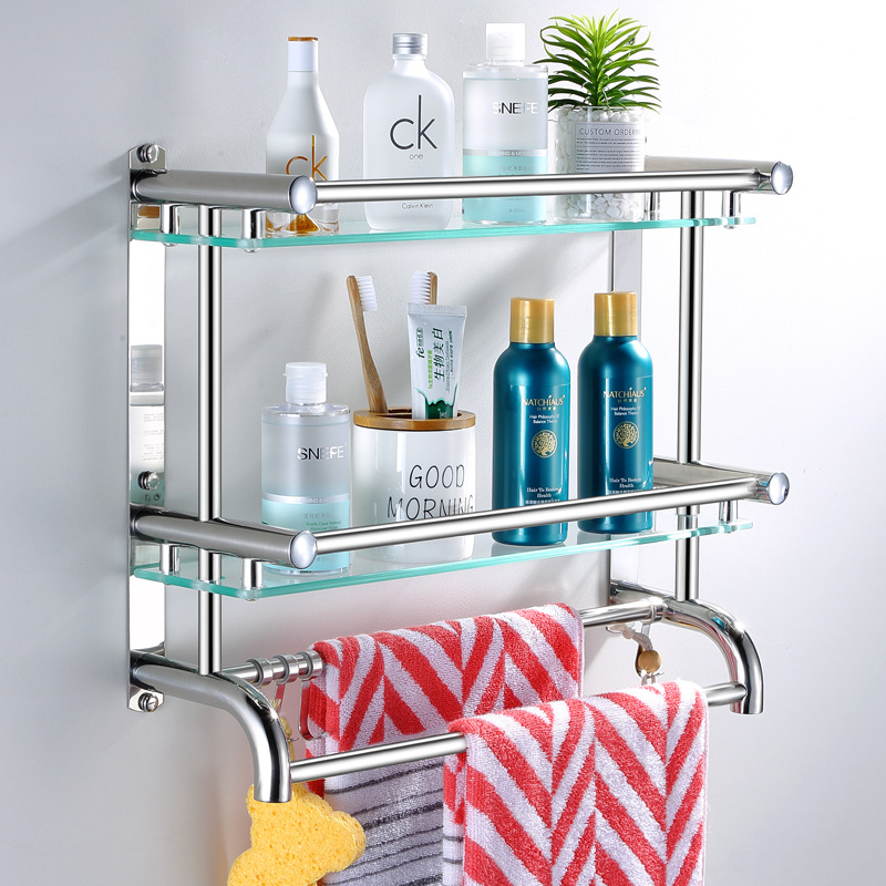 Metal cristal doble baño rack rack de almacenamiento de ducha estantería impermeable a prueba de óxido multifuncional baño suministros rack