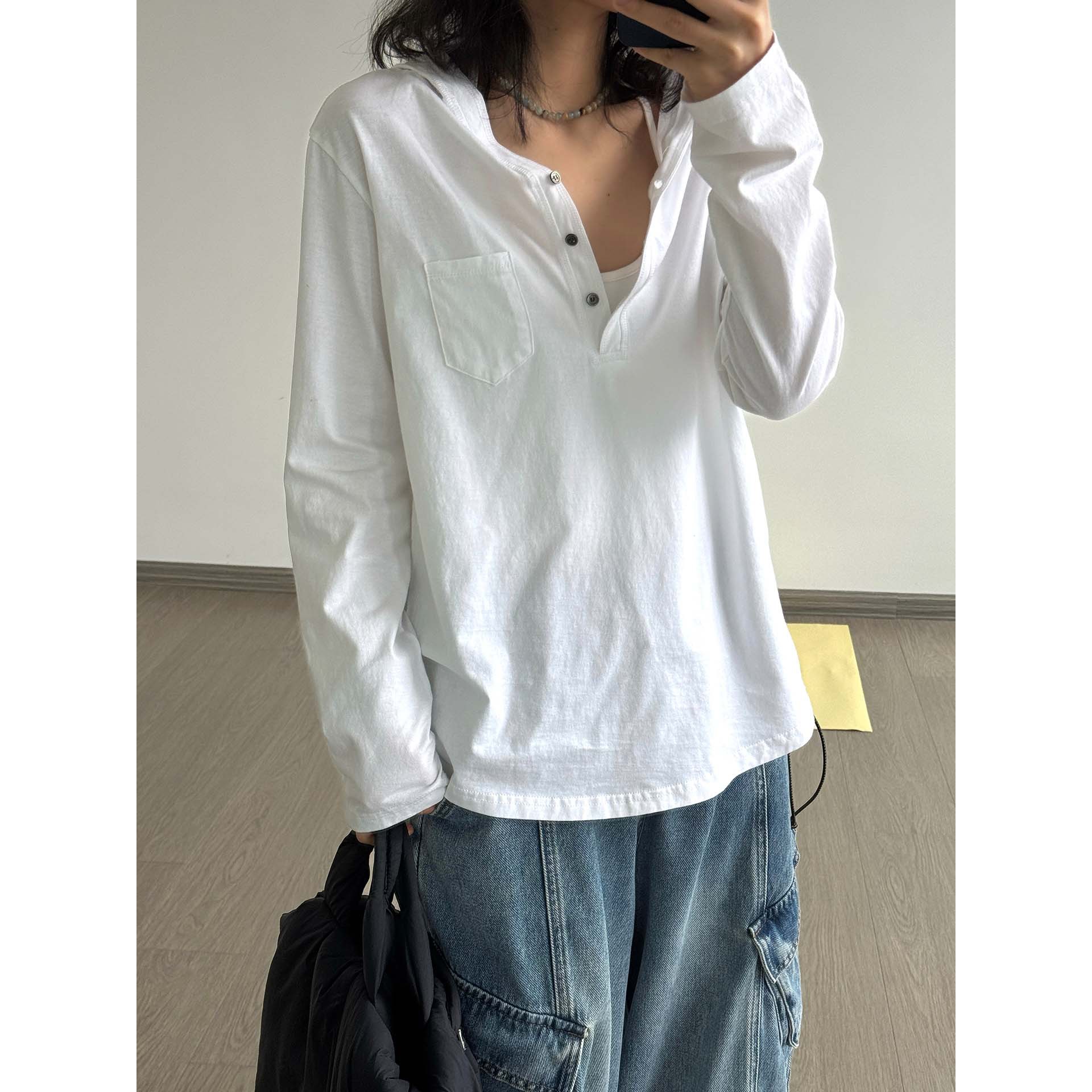 Spring and Summer new hooded Henry collar small pocket T-shirt, loose long-sleeved, laid-back top for women Application Scenario