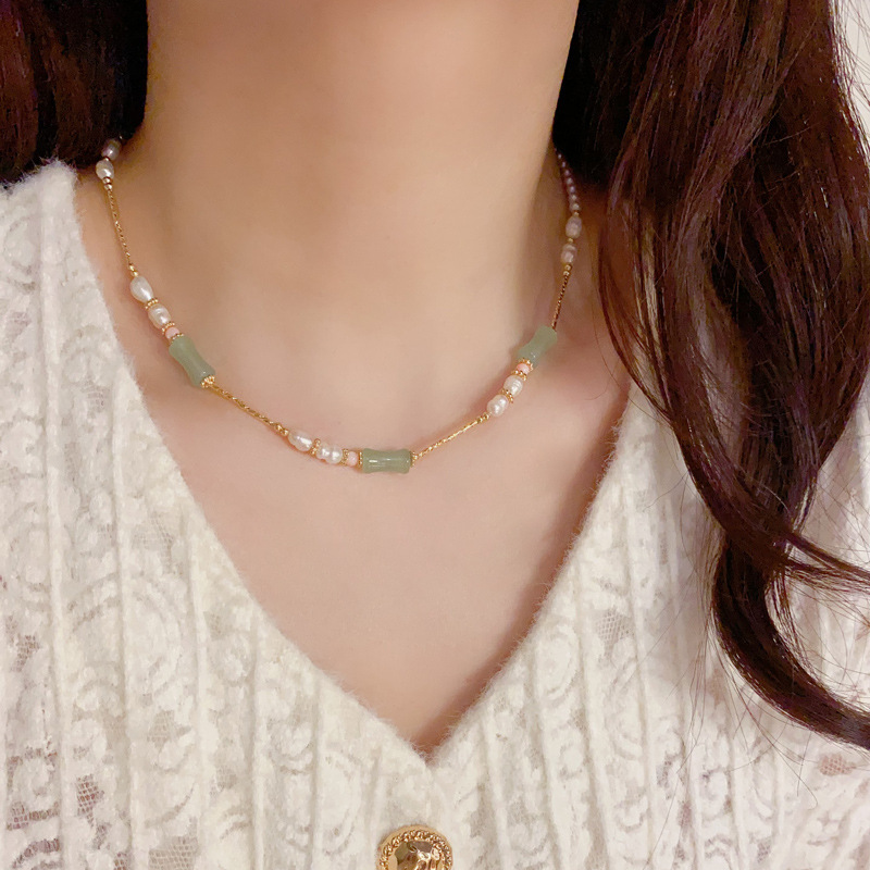 小众设计感猫眼石竹节天然淡水珍珠项链新中式气质轻奢锁骨链配饰