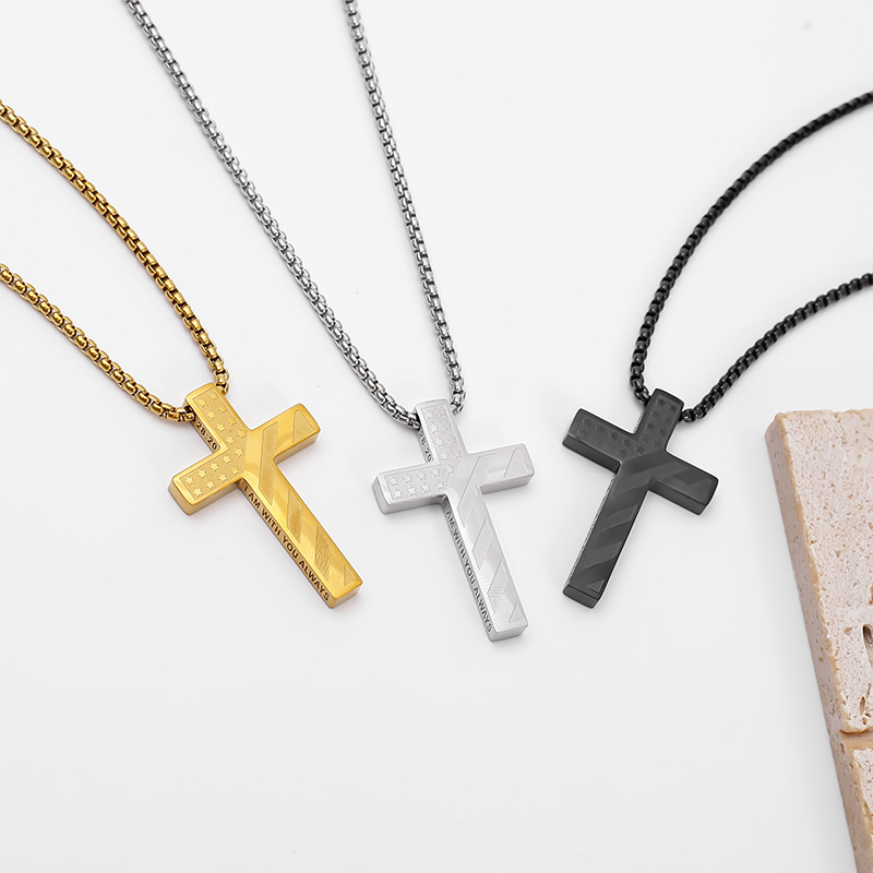 Best-selling stainless steel perforated cross corroded national flag cross necklace titanium steel laser men's pendant in Europe and America Specification image