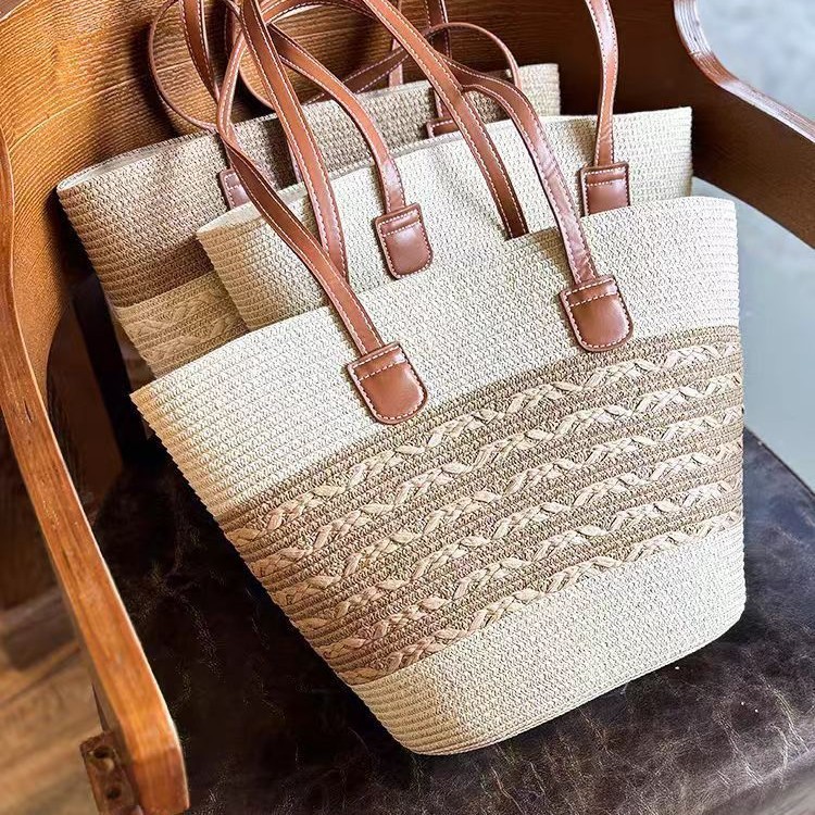 Cross-Border Straw Weaving Bag, Large-Capacity Cotton Rope Commuting Bag, Summer Women's Straw Weaving Bag, Simple And Casual Beach And Seaside Vacation Bag, Handcrafted Straw Weaving Bag