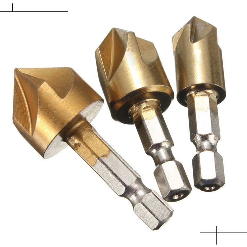 Woodworking five-edge chamfering tool, hexagonal handle, titanium-coated 6-19 set wholesale, 90-degree chamfering knife, drill bit deburring tool Application Scenario