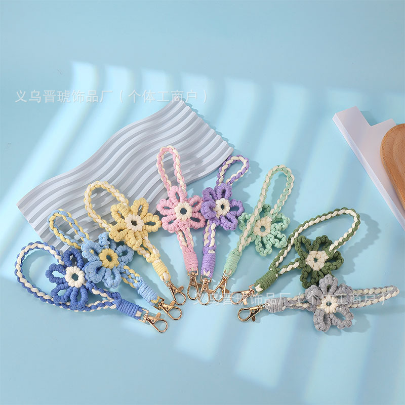 Wholesale of cross-border handcrafted wrist woven flower mobile phone keychain lanyards, rural feng shui cup lifting lanyards, bag pendants details Picture