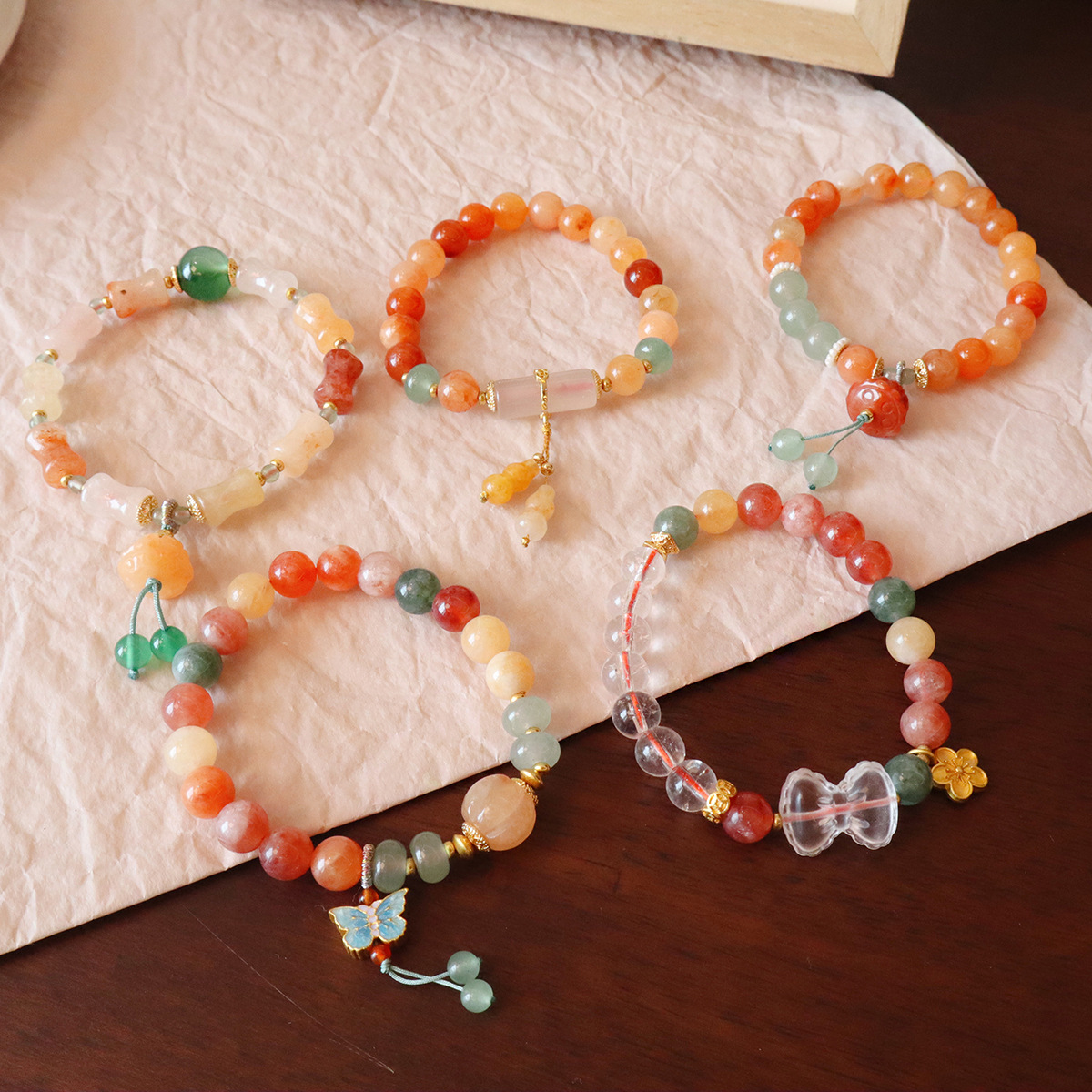 New Chinese-style natural stone gold thread jade beaded bracelet, butterfly lily and orchid bracelet, ancient-style high-end jewelry wholesale