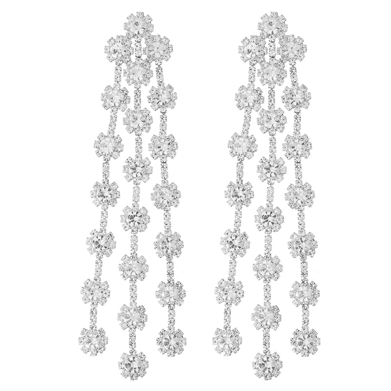 Cross-border European and American personalized tassel long earrings, diamond-encrusted flower-shaped claw chain earrings, trendy and fashionable earrings, elegant and feminine accessories Item Picture