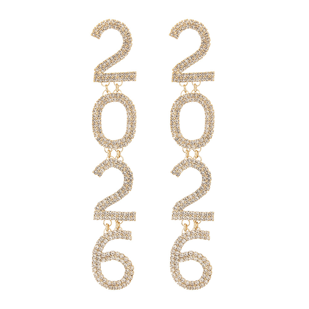 New cross-border New Year earrings with the number 2026 from Europe and America, exaggerated water diamonds, shiny earrings, AB full diamonds, New Year's Eve atmosphere, diamond-encrusted earrings