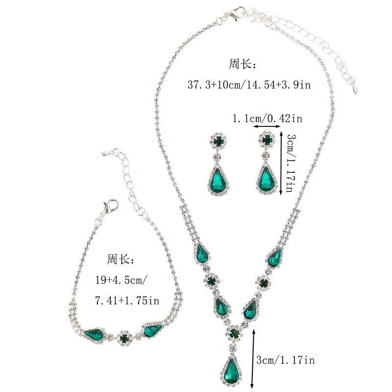 Three-piece set of luxury jewelry for cross-border European and American brides, green rhinestone teardrop-shaped jewelry set, wedding dress accessories for women Item Picture