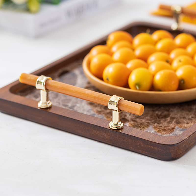 Wholesale of new bamboo and stone plastic bottom tea trays for home living room and kitchen, light luxury style tea set trays with handles Specification drawing
