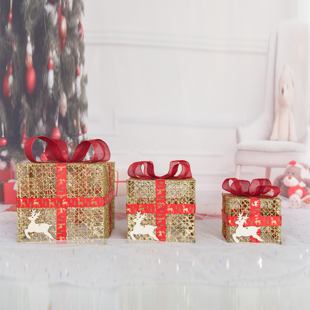 圣诞节闪粉铁艺礼盒三件套 圣诞道具厂家批发橱窗摆件圣诞礼盒