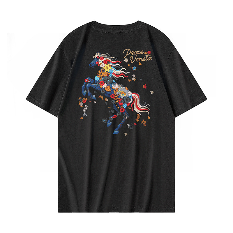 2026 National Trend Style seven-color horse embroidery short-sleeved T-shirt, loose top for men and women in the Year of the Horse, heavy embroidery details Picture