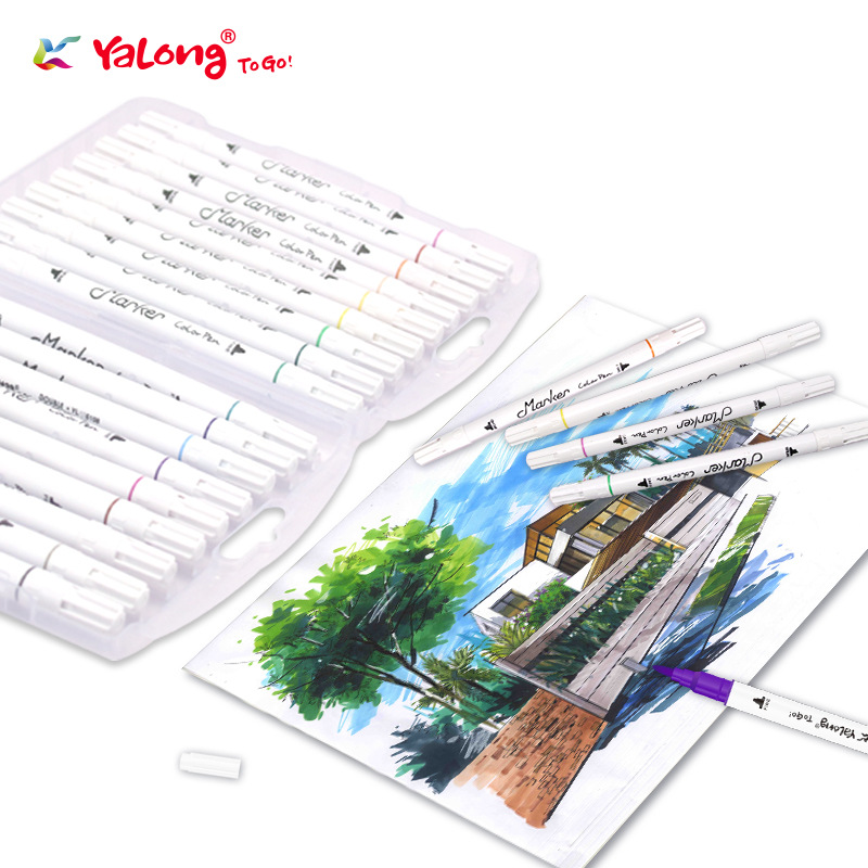 Yalong's new colored drawing pens 12/18/24-color set of double-pointed art student and children's watercolor pens and markers details Picture