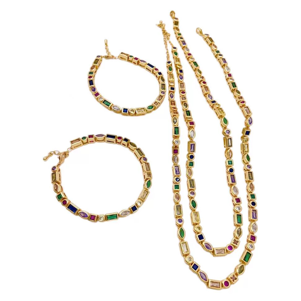 European and American simple colored zircon bracelet, micro-inlaid colored zirconium personalized hip-hop bracelet, ins collarbone chain necklace Item Picture