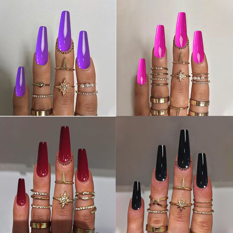 Cross-border exclusive long ballet false nails, glossy UV coating finished nail art, solid color long wearable nails wholesale