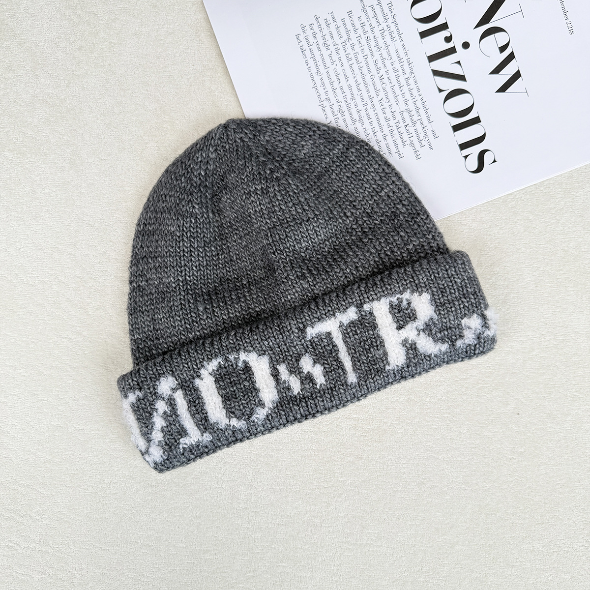 Korean style InS-style letter headwear, round face hat, small woolen knitted hat, warm head wrap for women in autumn and winter