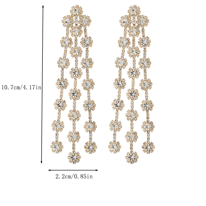 Cross-border European and American personalized tassel long earrings, diamond-encrusted flower-shaped claw chain earrings, trendy and fashionable earrings, elegant and feminine accessories Specification drawing