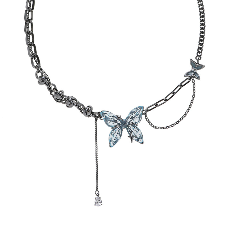 【 Customization 】 Ice Blue Butterfly Necklace for women, original design, cold and stylish neckchain, sweet and cool, high-end collarbone chain Item Picture