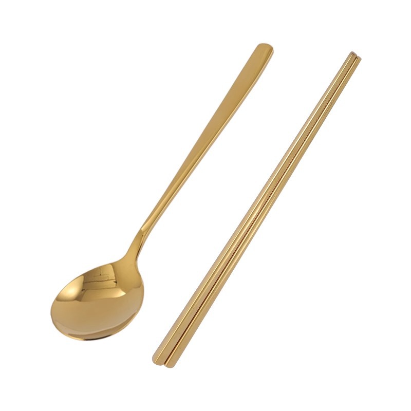 Korean-style 304 stainless steel chopsticks, household anti-slip flat chopsticks, solid golden chopsticks and spoons, square commercial barbecue restaurant tableware Item Picture