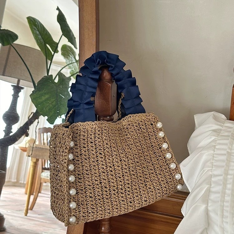 Bolso de paja transfronterizo bolso de paja de mano perla bolso de paja de mano tejido a mano bolso lánguido bolso de mujer bolso de playa de viento vacacional bolso casual tote bolso de paja hecho a mano Specification image
