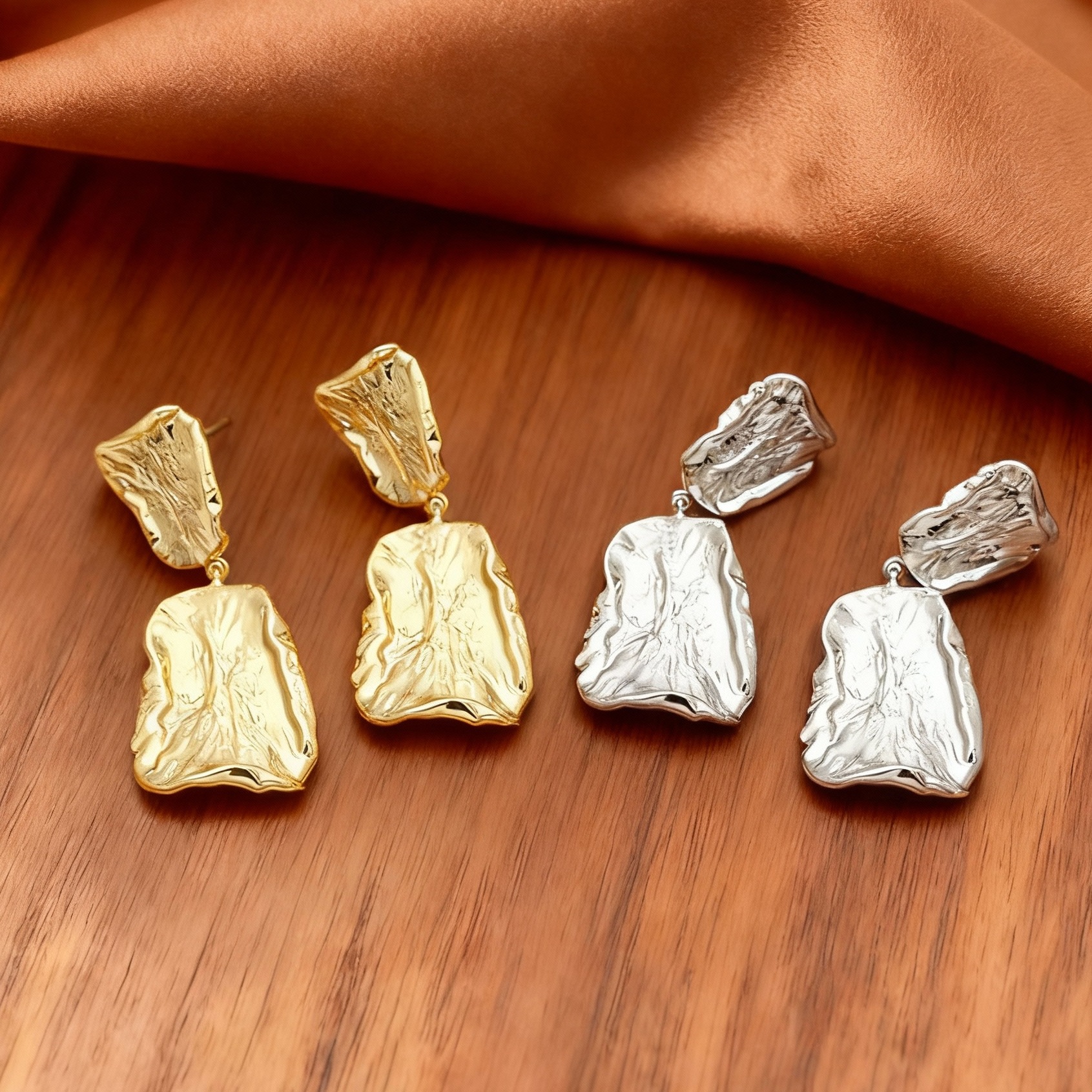 真金电镀S925银针法式气质时尚耳环几何方形纹理耳坠轻奢褶皱耳饰