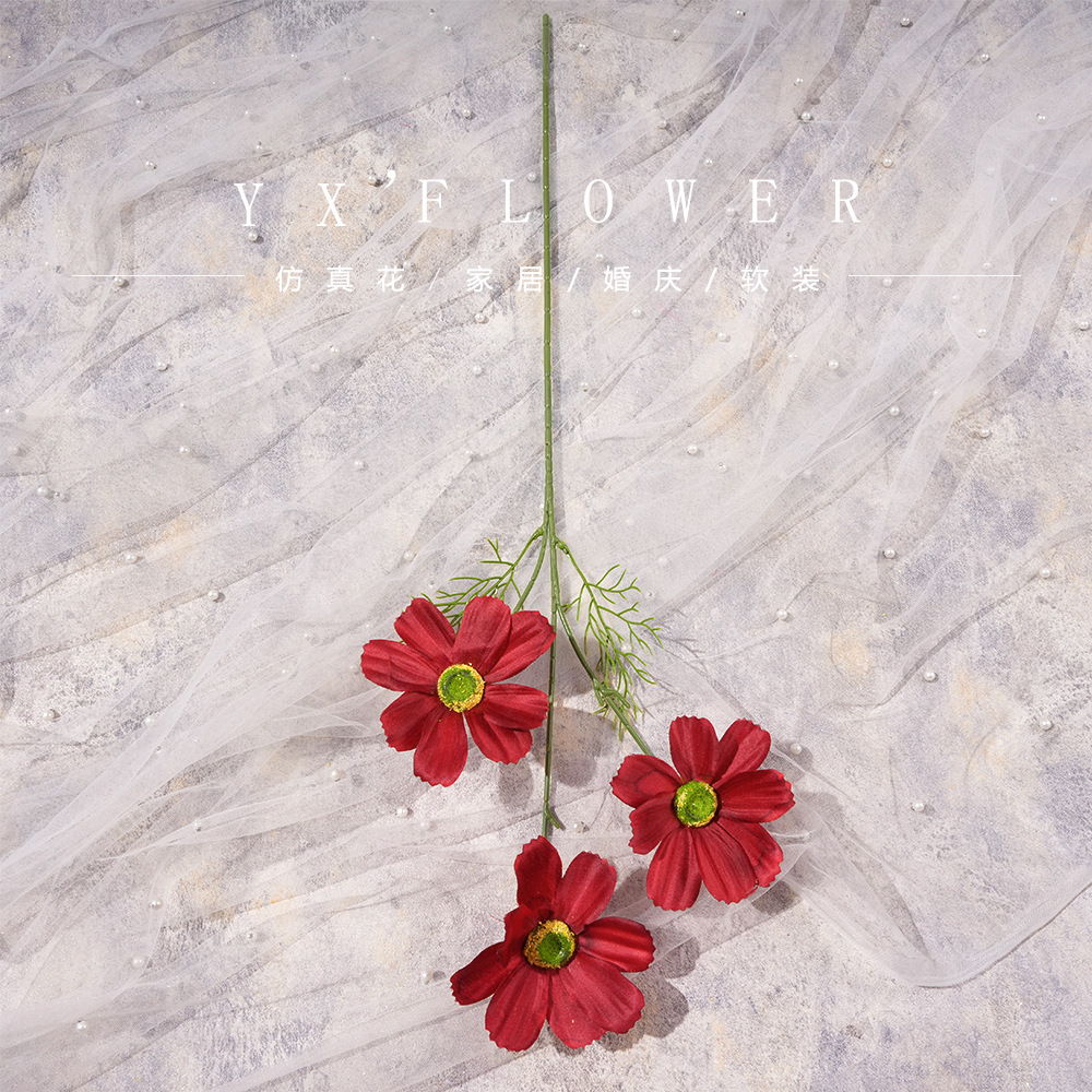 仿真3头格桑假花婚庆用花束高级感手工花艺婚礼堂造景花墙地排花细节图