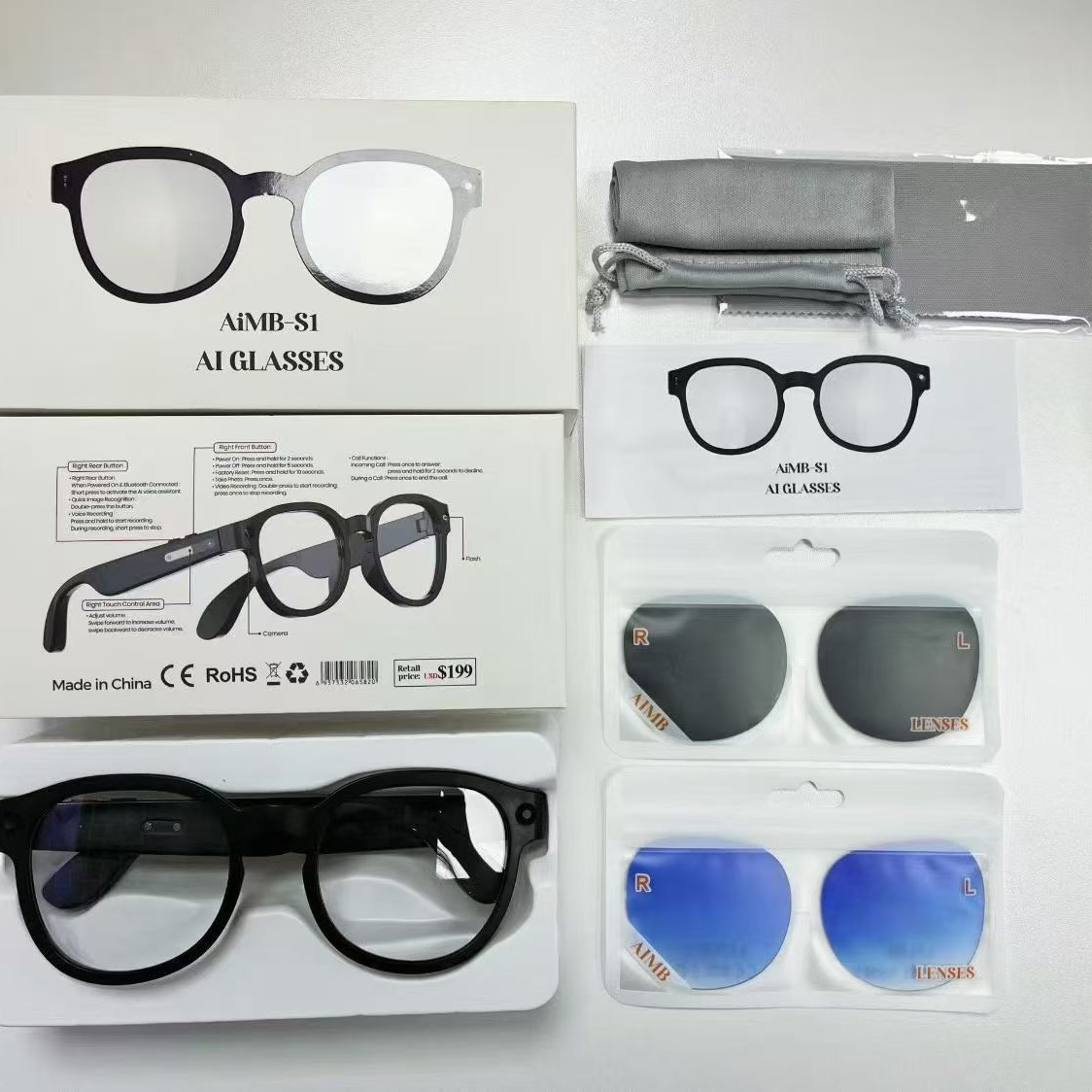 Cross-border AIMB-S1 shooting glasses ai intelligent translation anti-shake 5-megapixel high-definition interchangeable myopia lenses for photography Specification image