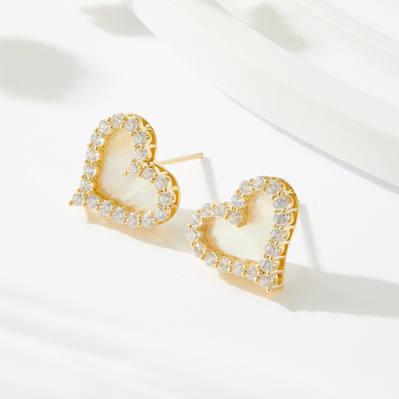 Light luxury irime-colored mother-of-pearl heart-shaped earrings, copper alloy electroplated real gold inlaid with zirconium, s925 silver needle, fashionable and high-end earrings details Picture