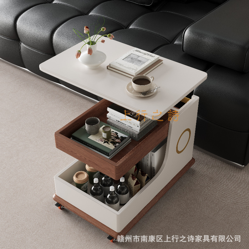 A three-piece set of mother and child coffee tables with RGB lighting effects, smart glass tabletop, living room coffee table, wireless charging, and laptop placement area Specification image