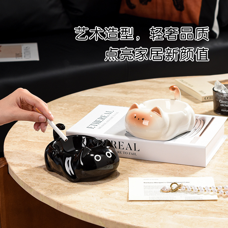 创意可爱暹罗猫陶瓷烟灰缸客厅办公室桌面防飞灰带盖烟缸装饰摆件详情图3