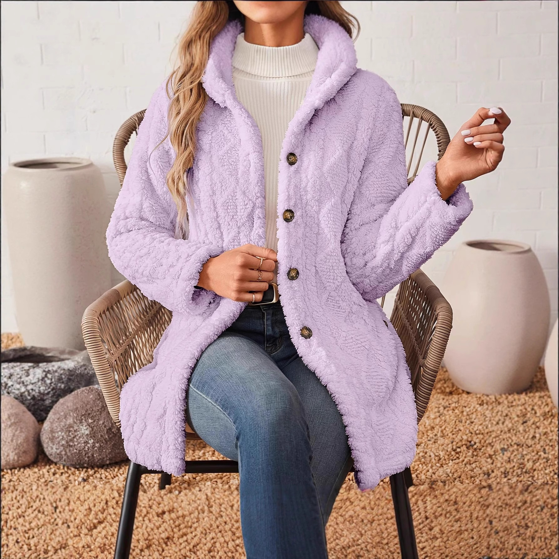2025 Cross-border new style European and American button front hooded jacket Teddy casual warm long jacket details Picture