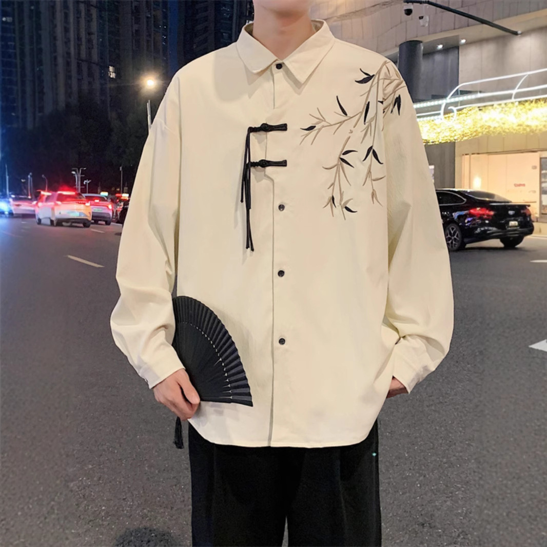 国潮中国风翠竹刺绣长袖衬衫男士百搭新中式春秋新款古风男装衬衣男潮