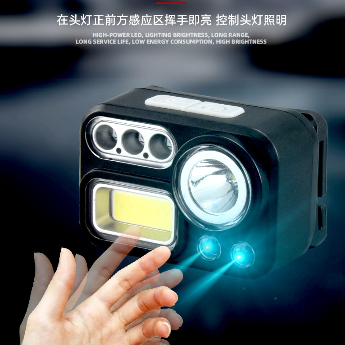 迷你多功能户外感应头灯头戴式照明灯钓鱼头跑步灯锂电led灯白底实物图