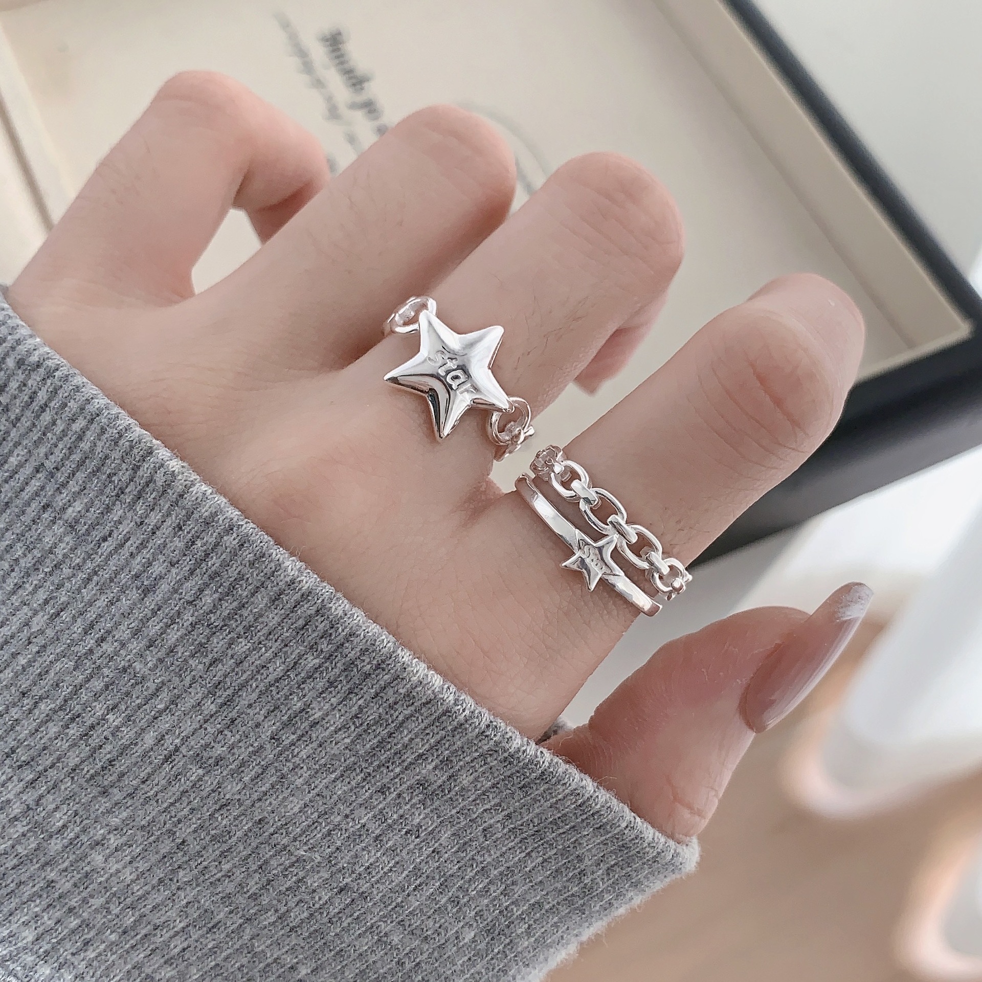 韩版12.9通体S925纯银链条拼接五角星开口戒指女ins小众设计冷淡风