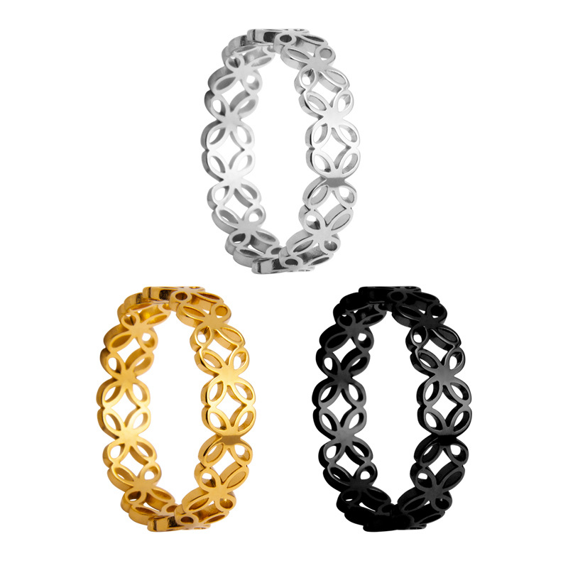 Laser-cut four-leaf flower hollowed-out titanium steel women's rings and couple rings in the style of Instagram in Japan and South Korea Item Picture