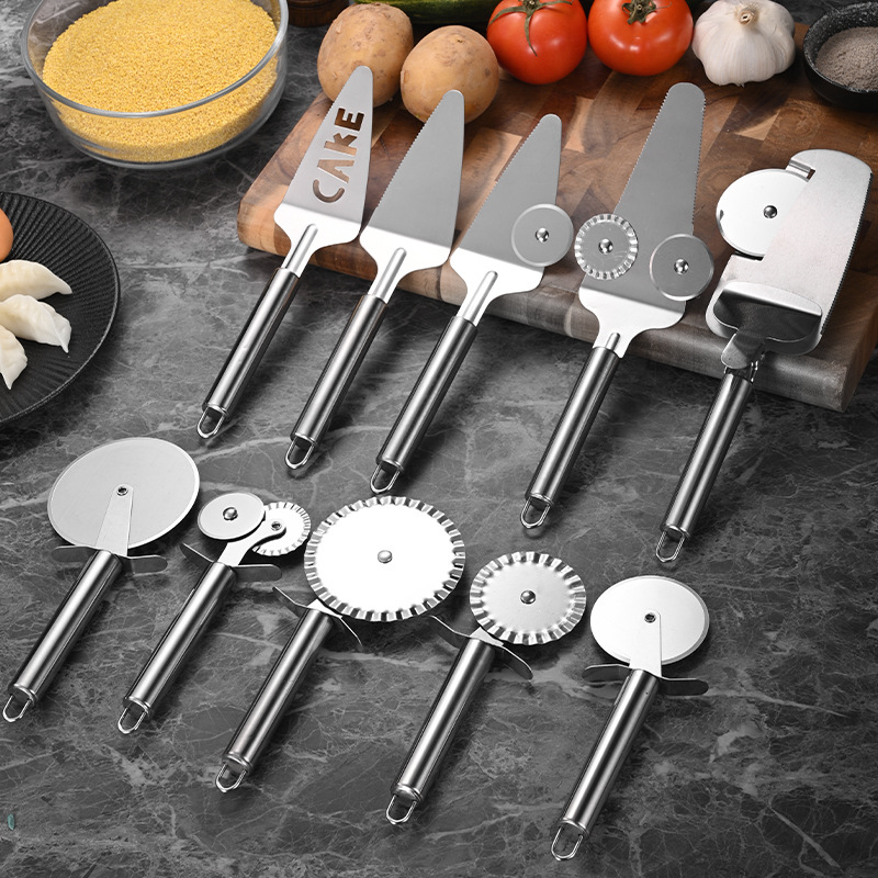 Stainless steel pizza knife, single and double wheels, lace roller knife, multi-functional cake spatula, wheel spatula, cake knife, triangular spatula details Picture