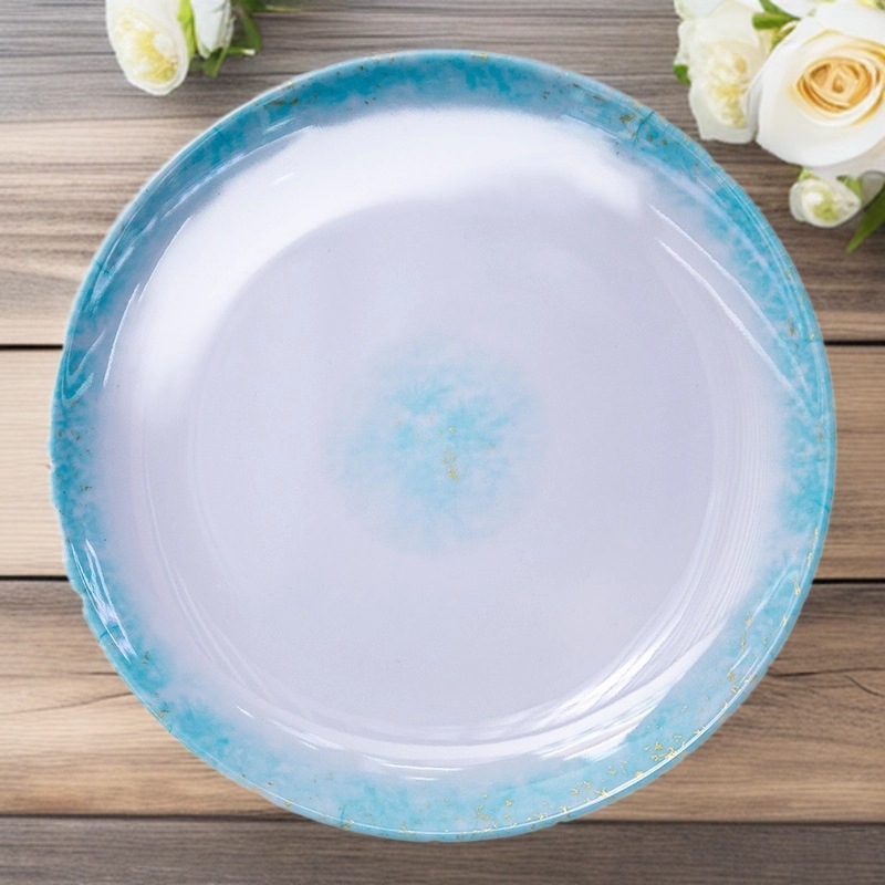 外贸批发密胺盘子日式仿瓷浅蓝色圆盘菜盘烤肉盘西餐牛排平盘商用