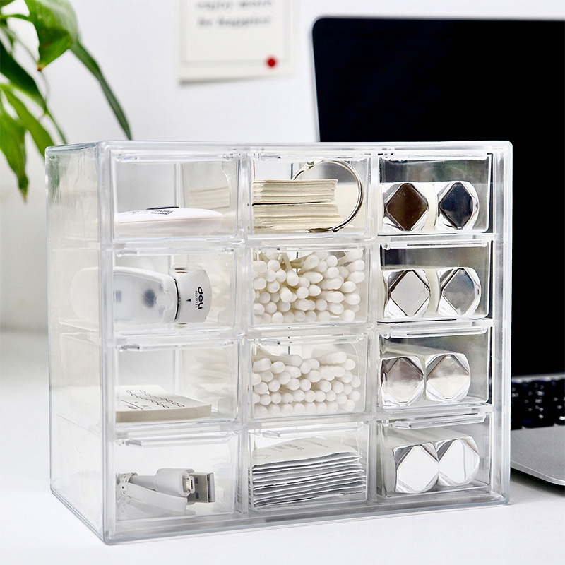 Transparent nine-grid and six-grid dust-proof drawer-style storage box, stationery and jewelry, 12-grid cosmetics storage, for students Application Scenario