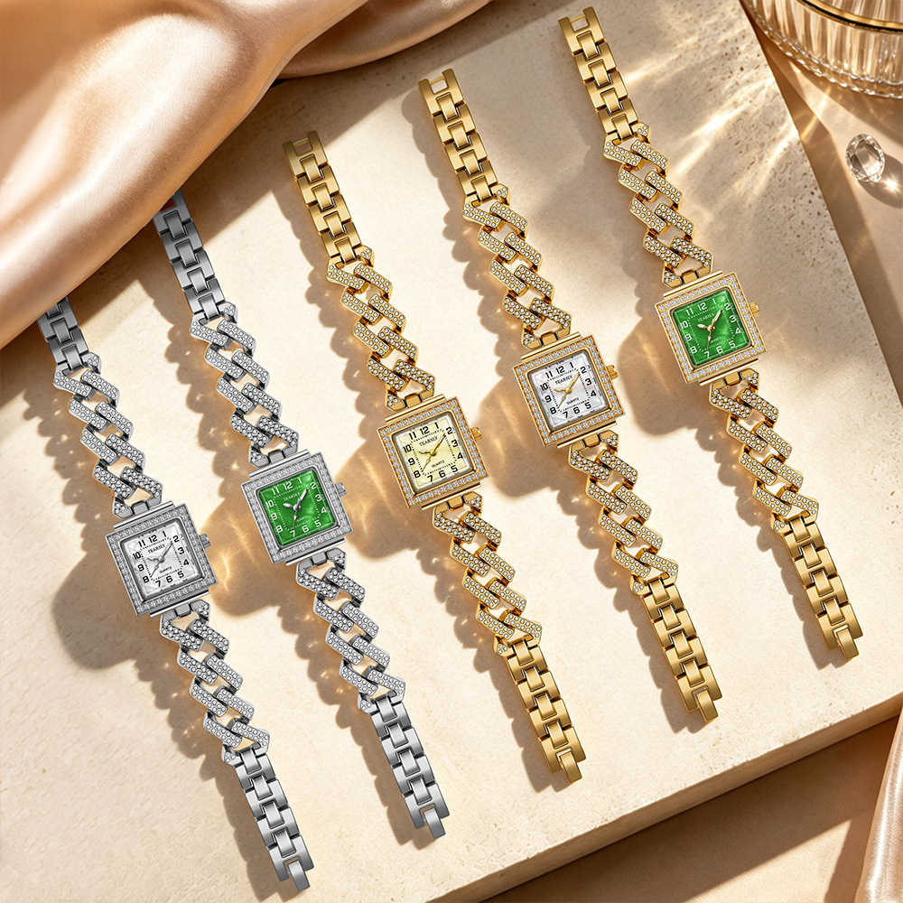 Cross-border bestseller luminous mother-of-pearl women's watch square full diamond British watch Cuban chain watch women's wholesale customization Specification image