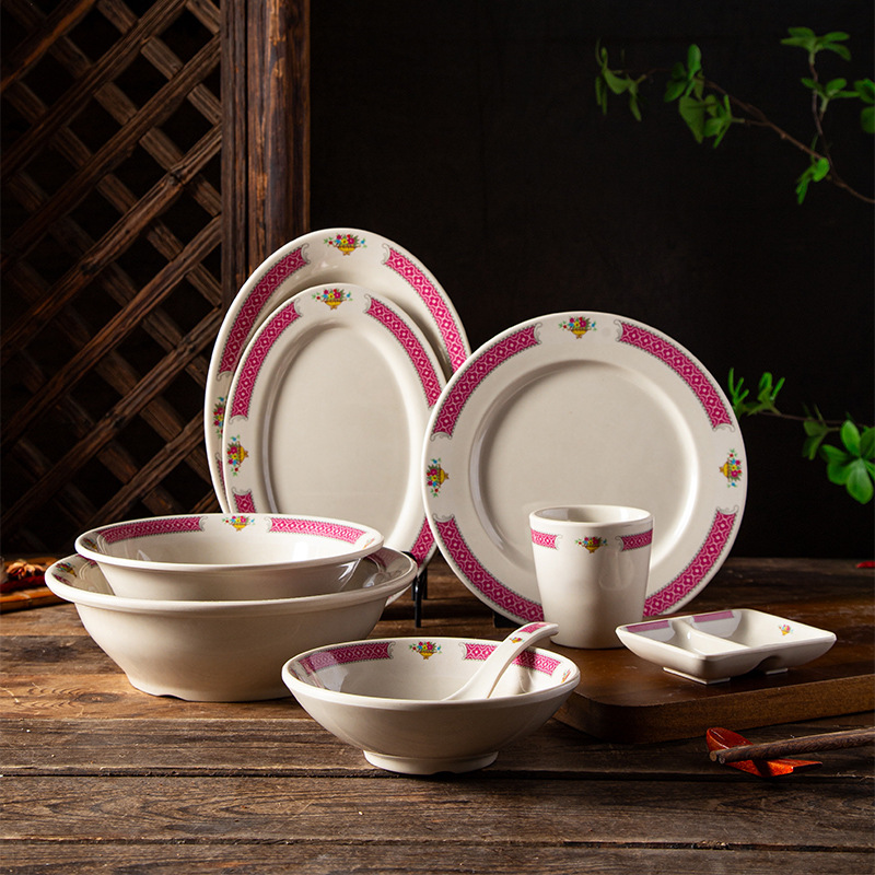 A5密胺仿瓷餐具怀旧复古老式茶餐厅花卉碟鱼菜平盘商用耐摔饭面碗