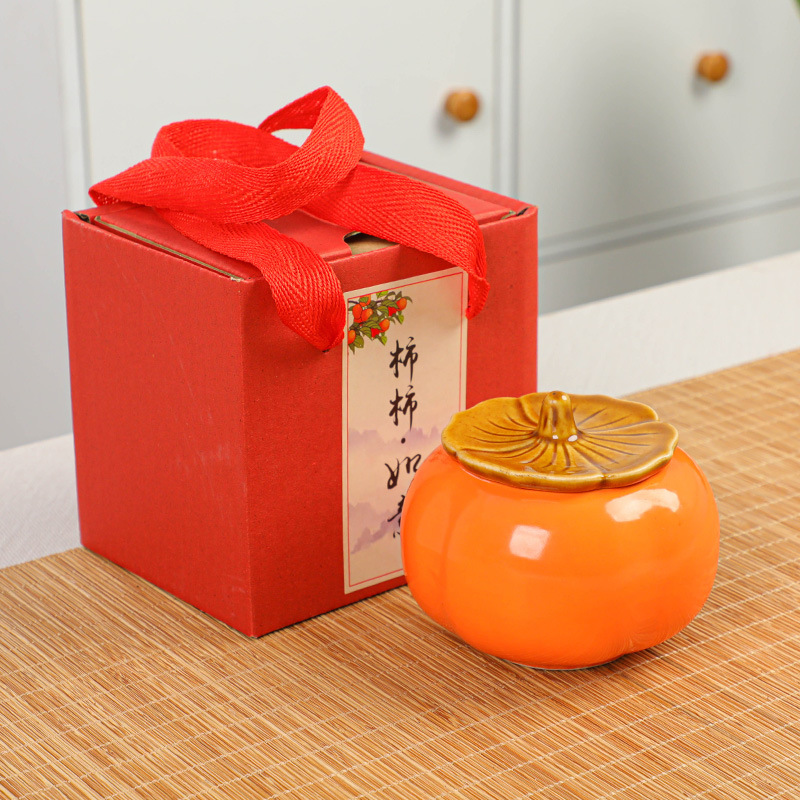 Creative, everything goes well Ceramic persimmon tea canister decoration, small household tea storage, good things come in pairs, gift box set Application Scenario