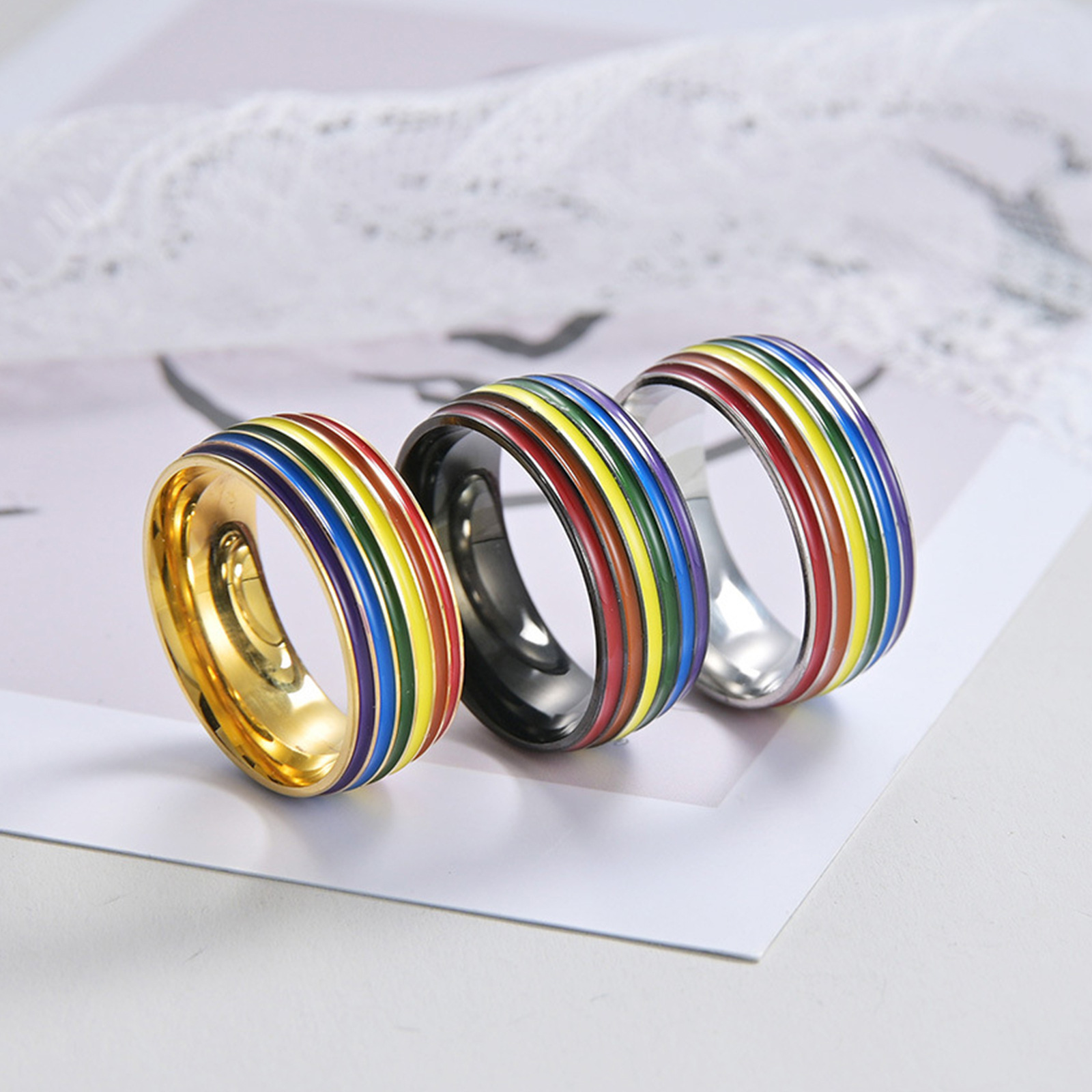 Wholesale of multi-color rainbow jewelry from cross-border factories in Europe and America, including rainbow rings, multi-color oil-drip rings, and titanium steel men's rings details Picture