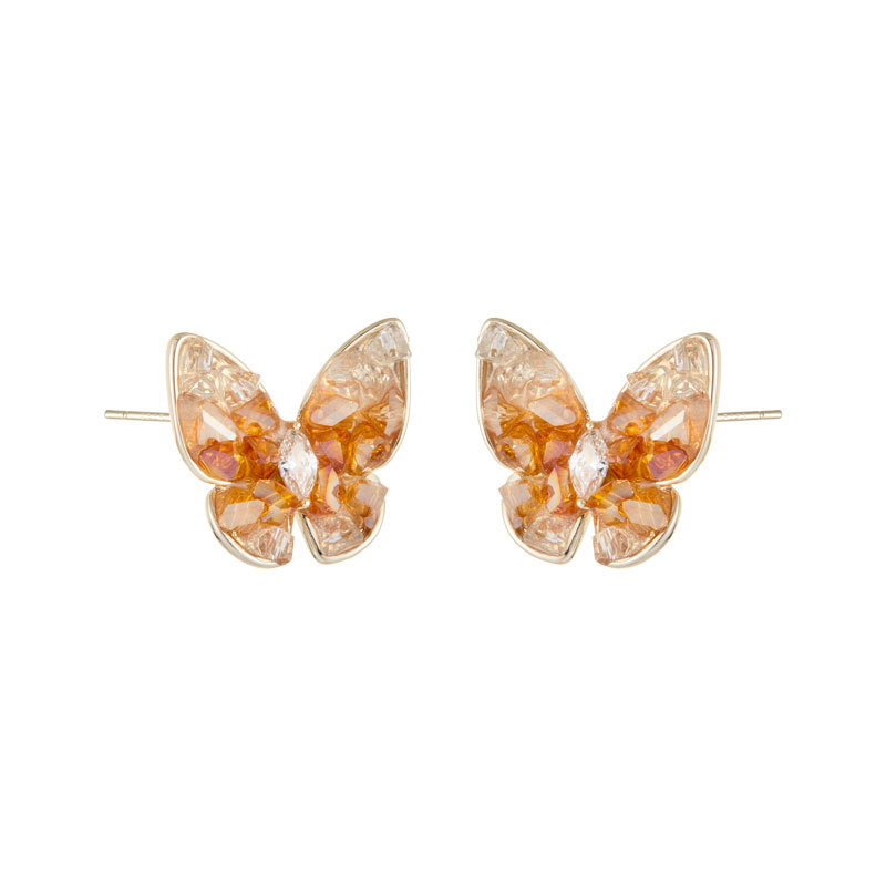 Ligero lujo premium sensación gradiente cristal mariposa pendientes aleación de cobre café chapado de oro con circonio s925 agujas de plata para mujeres orejeras Item Picture