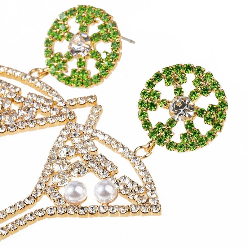 European and American cross-border carnival party earrings, diamond-encrusted pearl wine glass-shaped earrings, design sense, green rhinestone pendants, highball cup earrings, simple and elegant women's wholesale Specification image