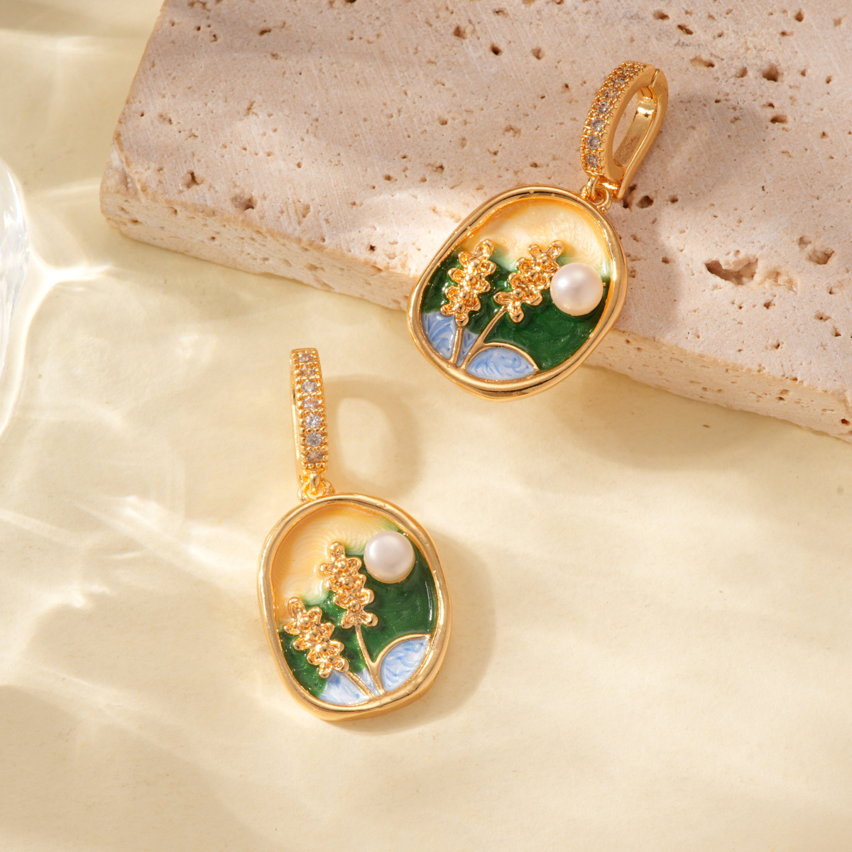Pearl oil painting style drip oil pendant, 18k copper gold-plated color retention high-end bracelet, necklace clasp DIY accessory details Picture