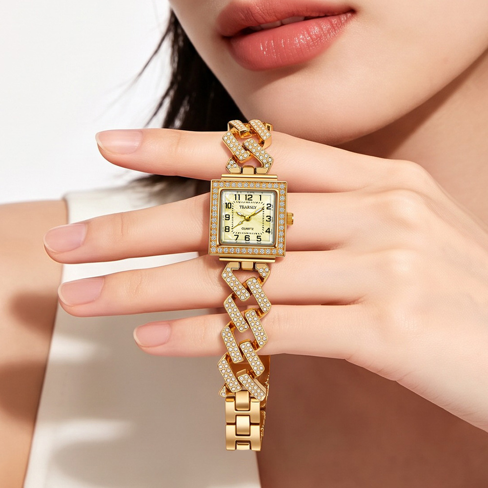 Cross-border bestseller luminous mother-of-pearl women's watch square full diamond British watch Cuban chain watch women's wholesale customization details Picture