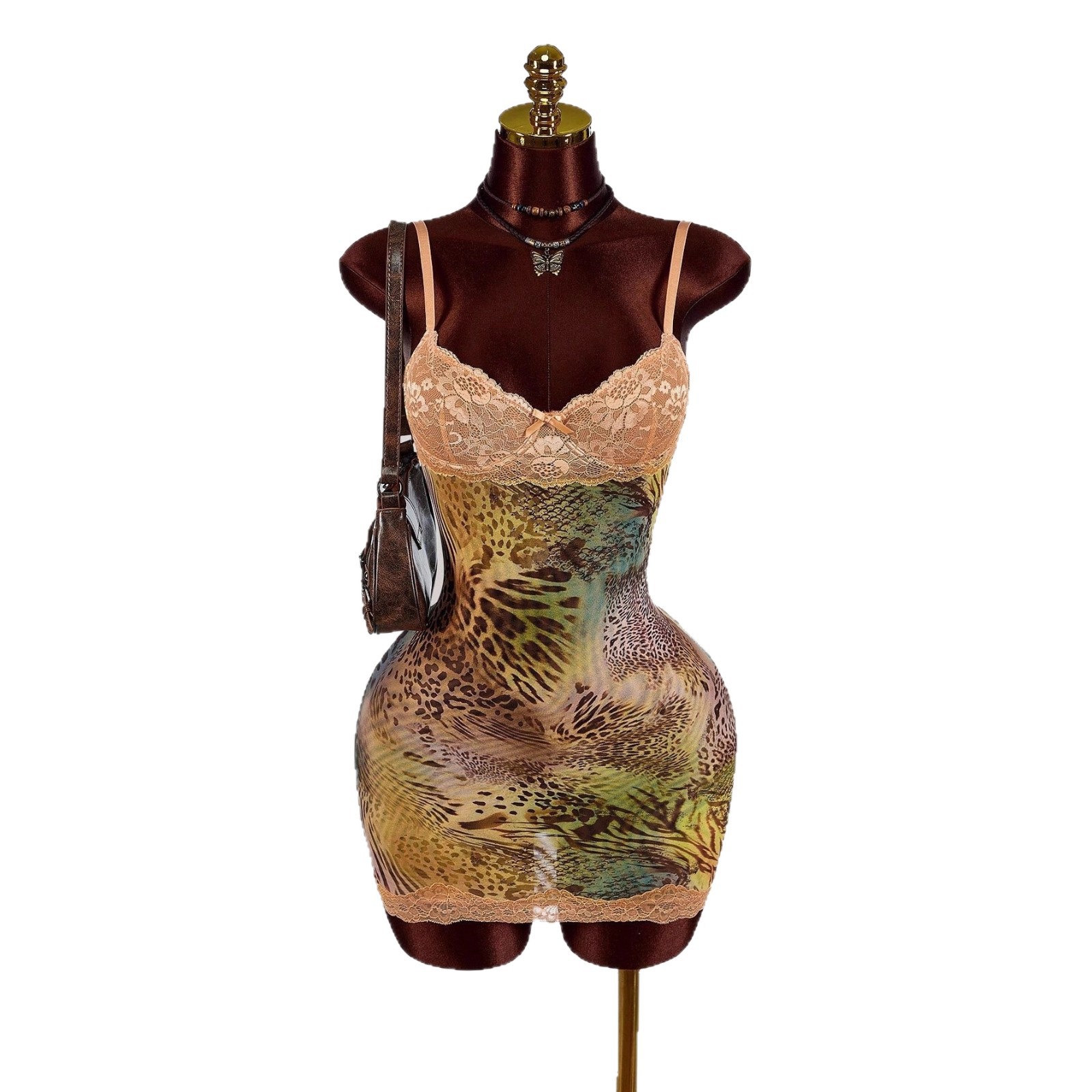 New European and American retro fashion, slimming and sexy, waist-cinching printed deep V lace patchwork halter mini dress for women Item Picture