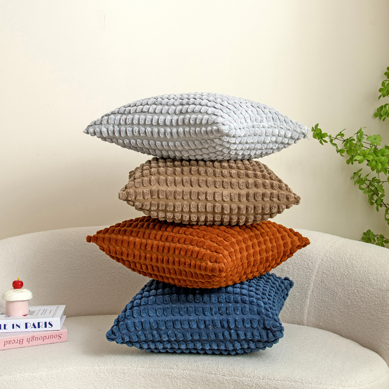 Free shipping cross-border solid-color corduroy pillowcase, country-style elastic cushion cover, home bedside pillow cover details Picture