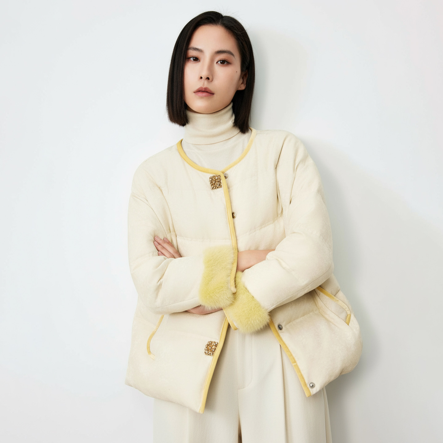 New Chinese-style goose down jacket made of mink hair and patchwork for winter women's fashion, white goose down warm Chinese-style coat 2195 details Picture