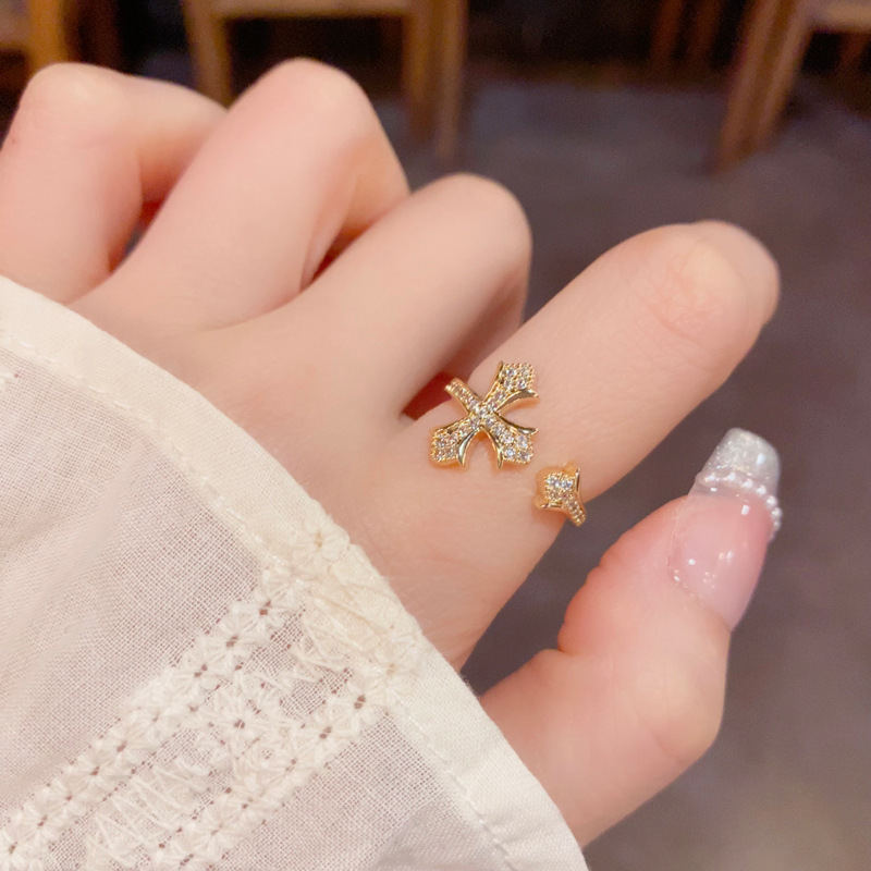 European and American cross-border personalized and fashionable full-diamond cross open-mouth ring, simple and elegant, versatile and high-end index finger ring